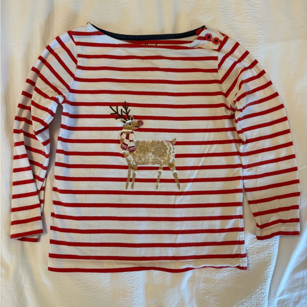 Girls' Boden Red & White Striped Reindeer Long-Sleeve Top